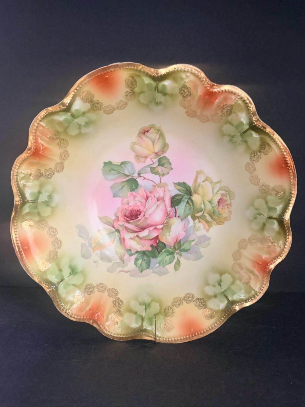 Floral Porcelain Serving Bowl Cabbage Rose with Gold Rim Germany 10,5x3”